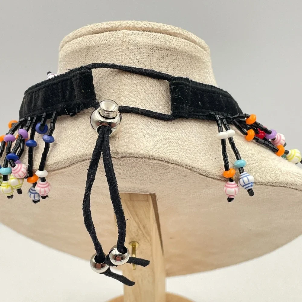 Vintage 90s Glass Bead Fringe Choker Necklace Black Fabric Boho Fashion‎ Jewelry